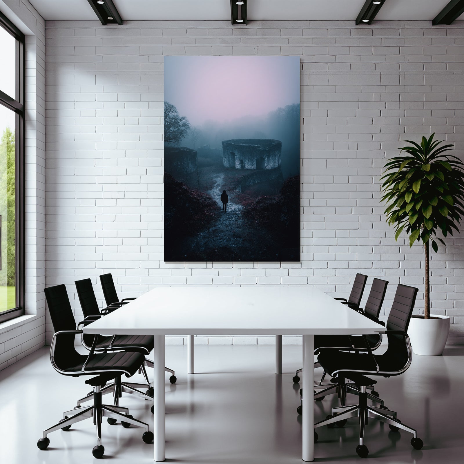 Nebelhafte Landschaft Mit Alten Ruinen Und Einsamer Figur