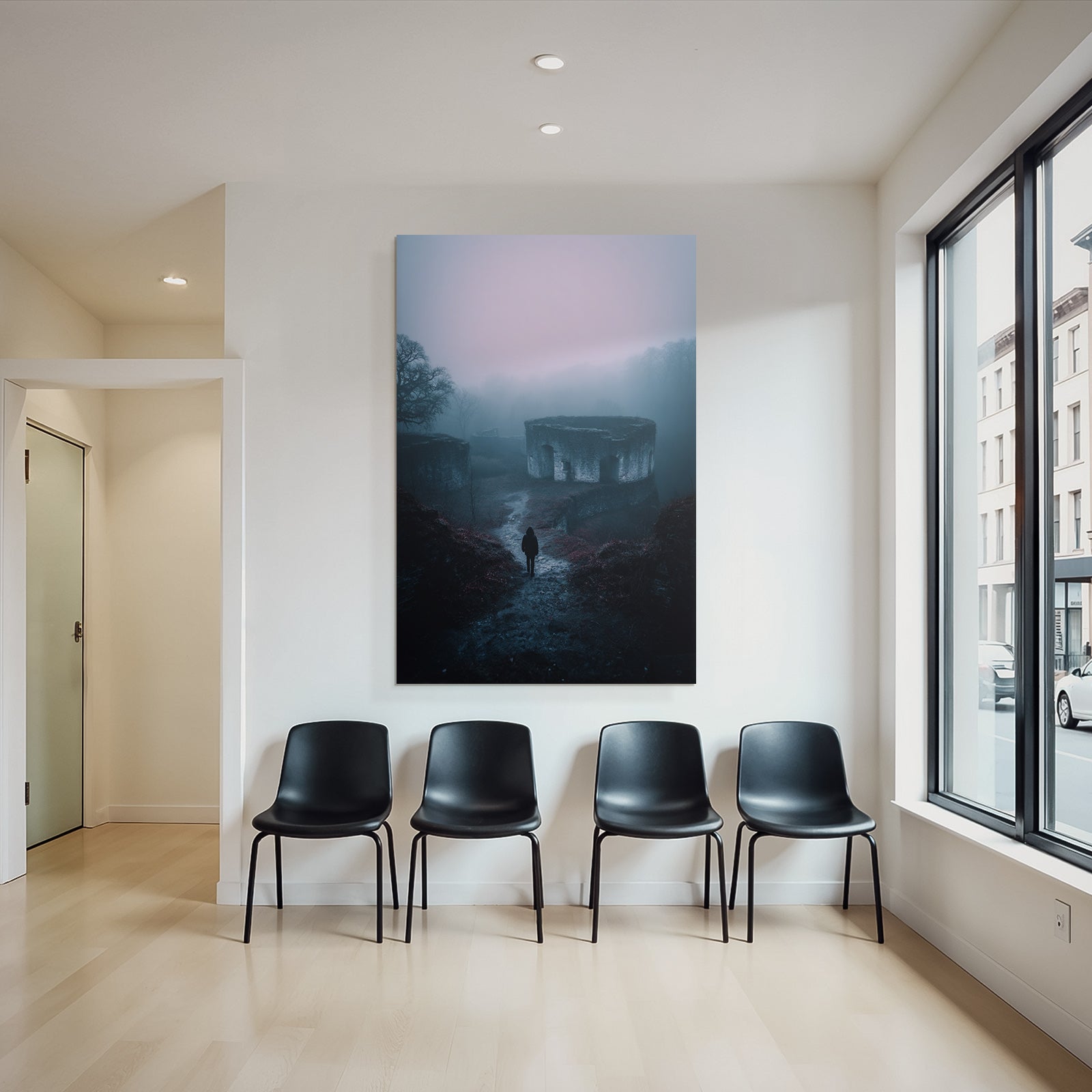 Nebelhafte Landschaft Mit Alten Ruinen Und Einsamer Figur