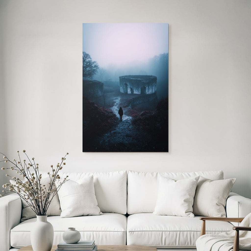 Nebelhafte Landschaft Mit Alten Ruinen Und Einsamer Figur