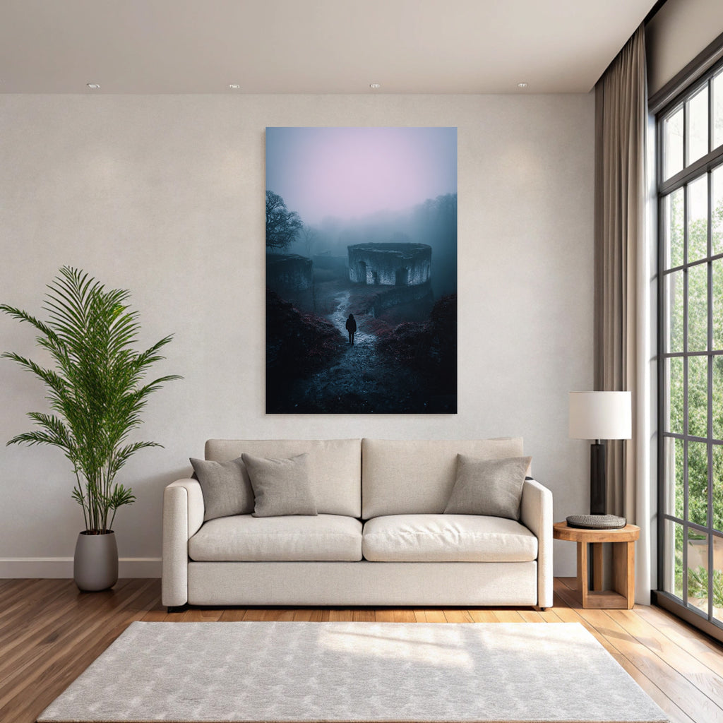Nebelhafte Landschaft Mit Alten Ruinen Und Einsamer Figur