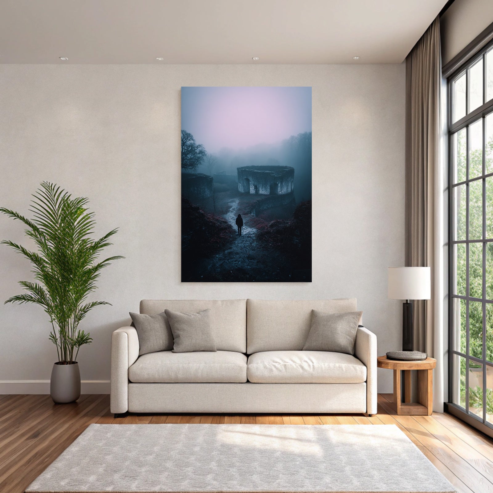 Nebelhafte Landschaft Mit Alten Ruinen Und Einsamer Figur