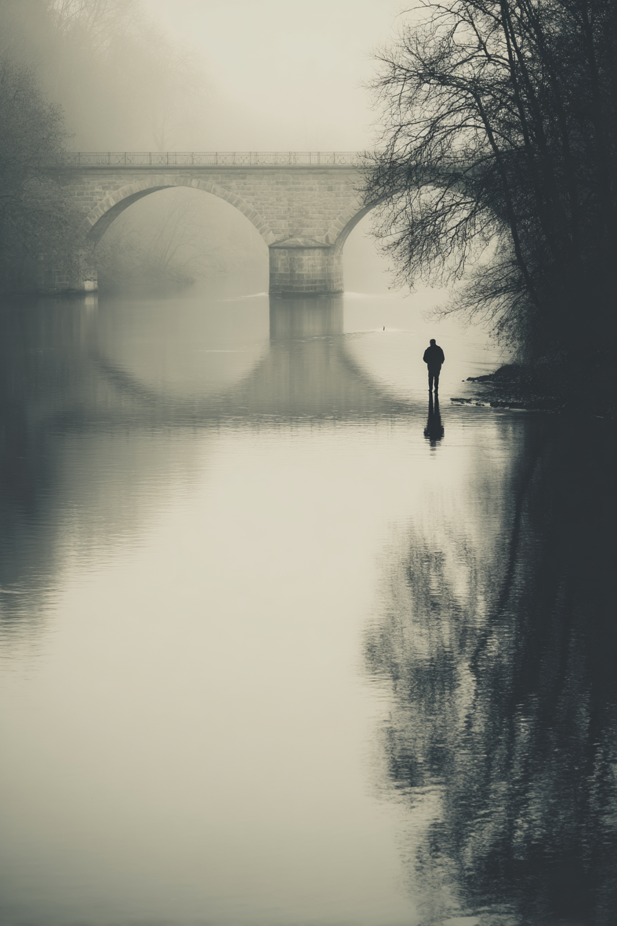 Neblige Landschaft Mit Person Im Wasser Und Bruecke Im Hintergrund | Fotografie | Kunstgattungen