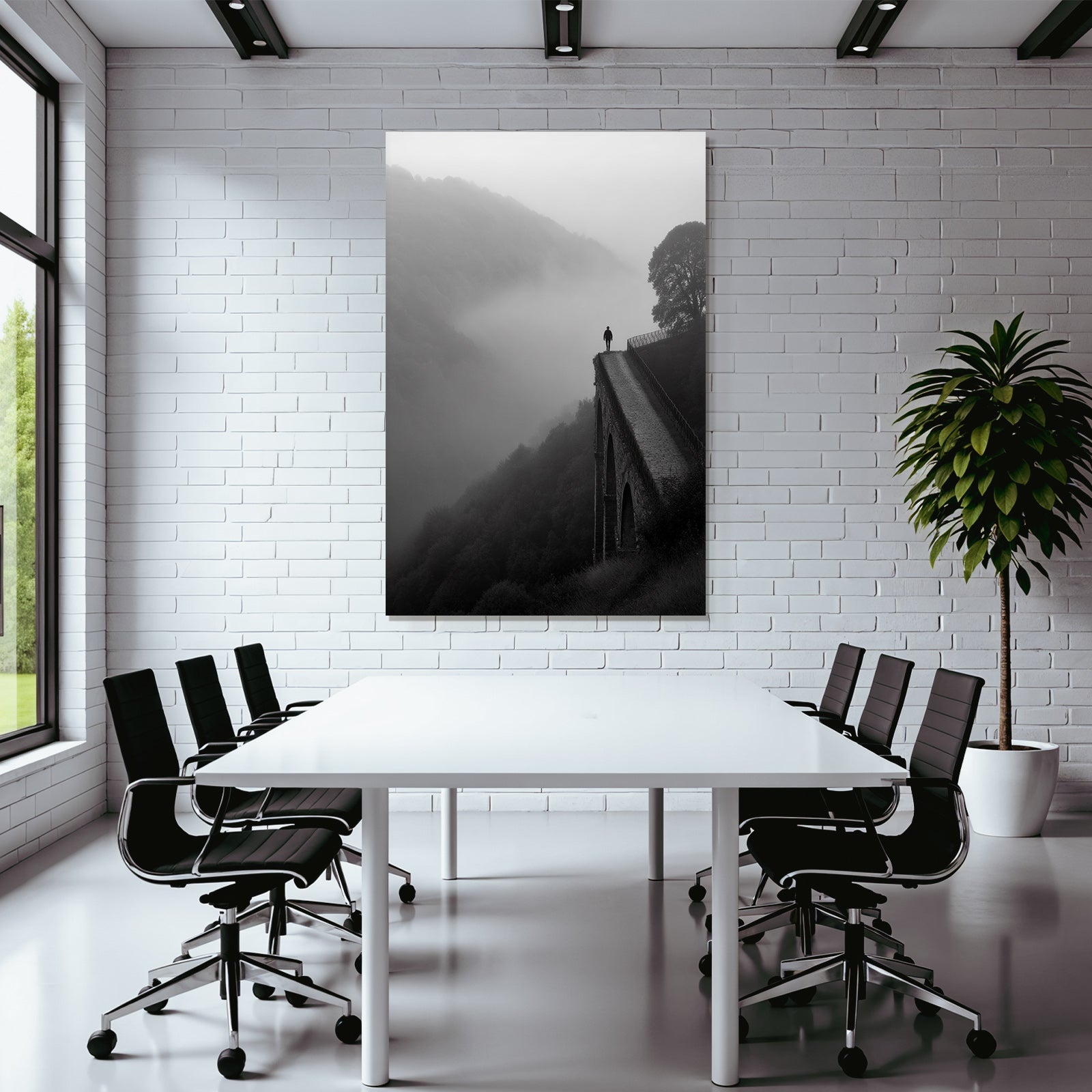 Person Auf Bruecke Im Nebel