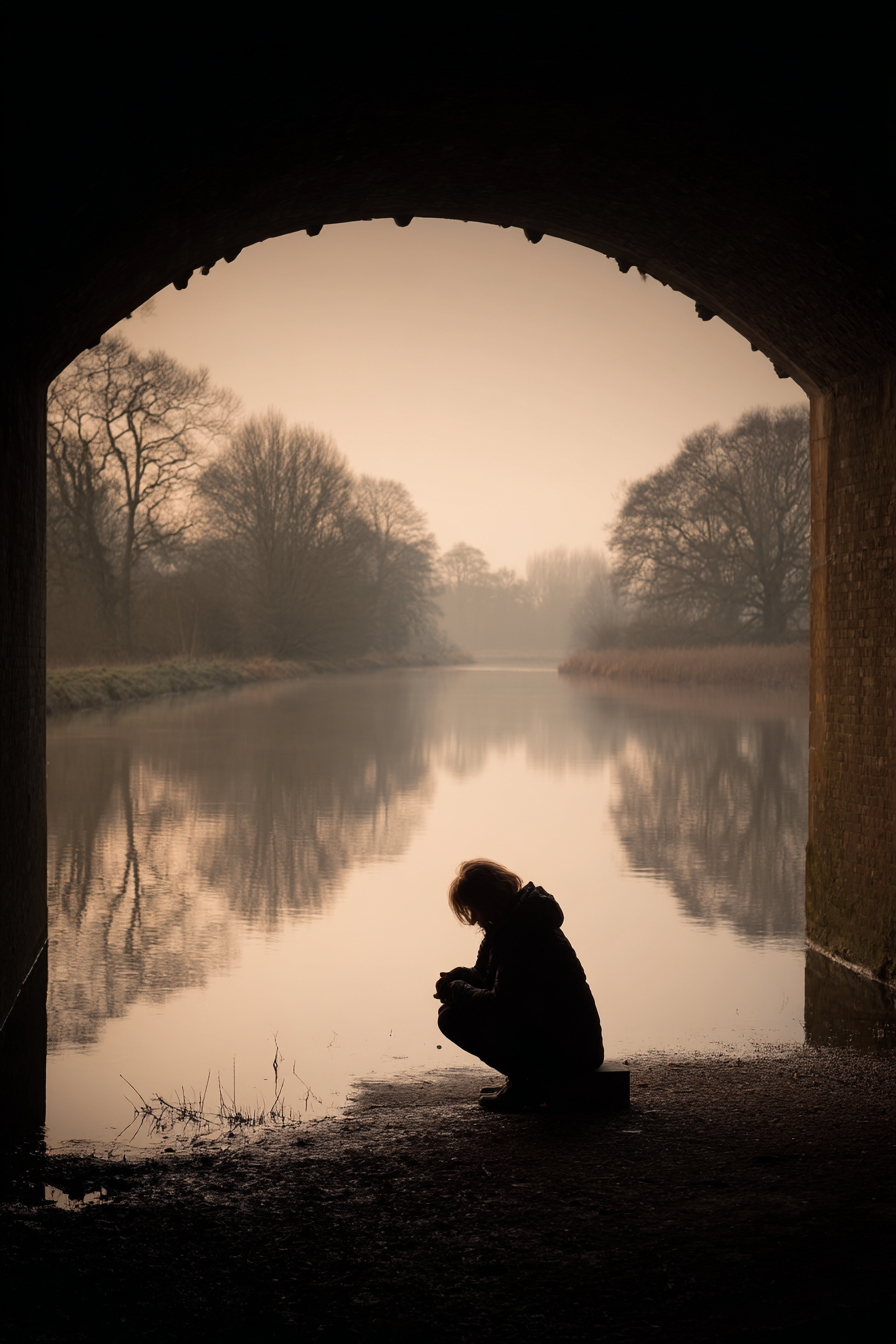 Person Silhouette Sitzend Bei Ruhendem Wasser Unter Bogen Umgeben Von Baeumen | Fotografie | Kunstgattungen