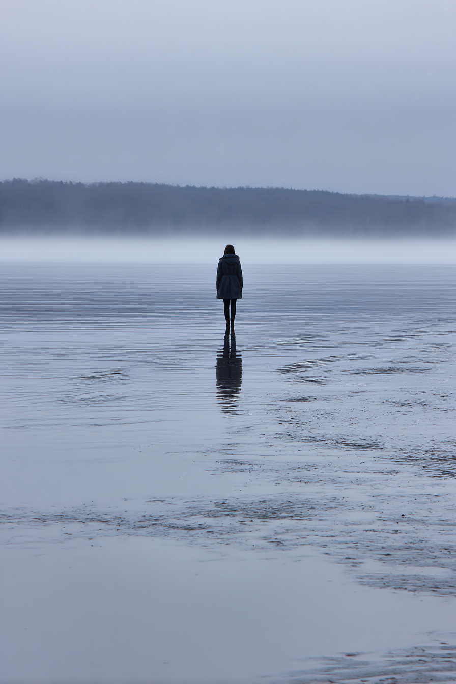 Person Steht Auf Ruhigem Wasser Umgeben Von Nebliger Landschaft | Fotografie | Kunstgattungen
