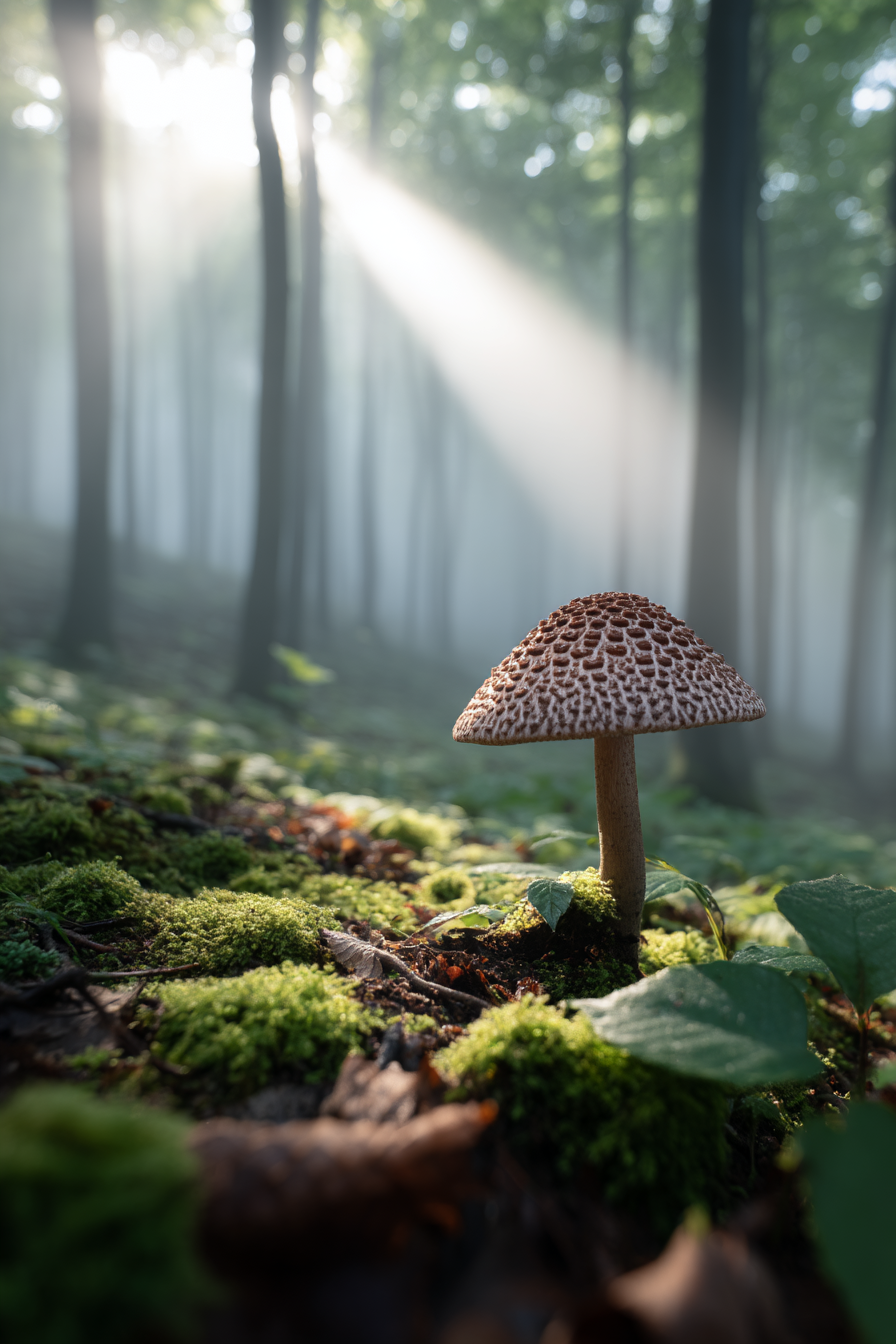 Pilz Im Wald Unter Lichtstrahlen Umgeben Von Moos Und Gruen | Fotografie | Kunstgattungen