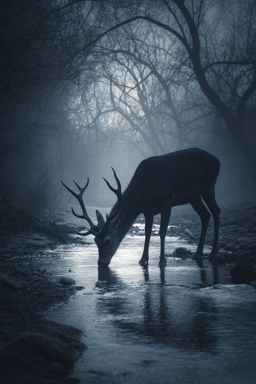 Portrait Reh Trinkt Am Stream Im Nebel Im Wald | Fotografie | Kunstgattungen