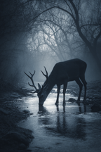 Portrait Reh Trinkt Am Stream Im Nebel Im Wald | Fotografie | Kunstgattungen