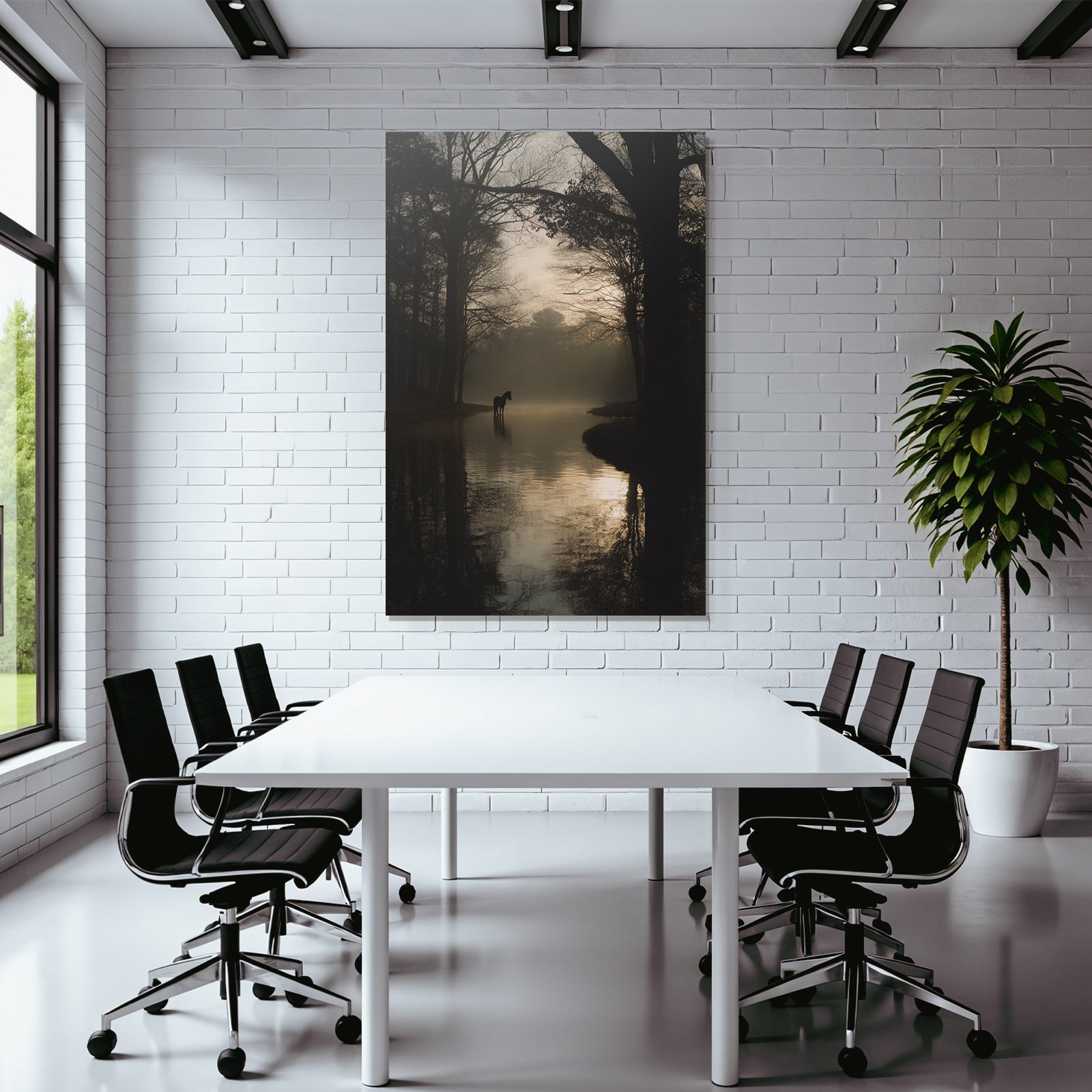 Ruhige Landschaft Pferde Wasser Morgen