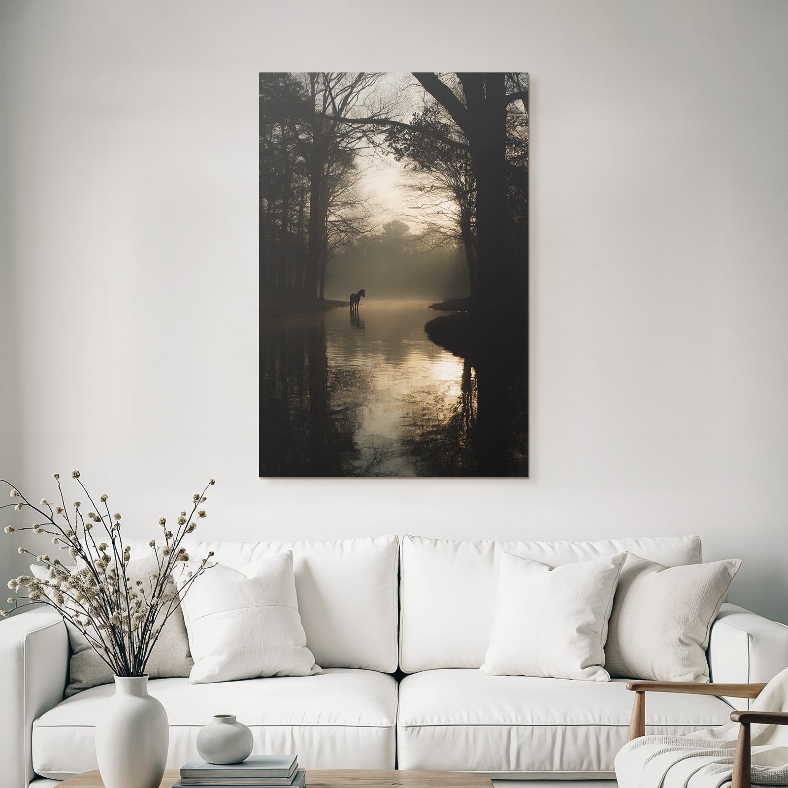 Ruhige Landschaft Pferde Wasser Morgen