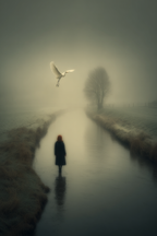 Serene Neblige Landschaft Figuren Im Wasser Vogel Im Flug Tranquil Setting | Fotografie | Kunstgattungen
