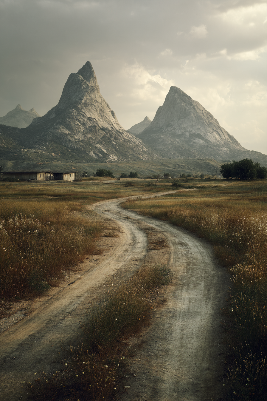 Staubiger Weg In Berglandschaft Mit Dorf Im Hintergrund | Fotografie | Kunstgattungen