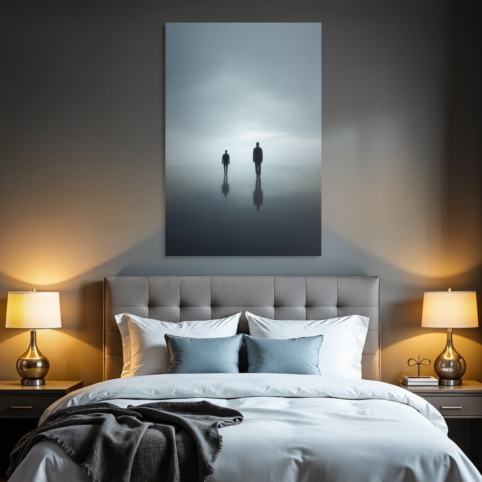 Surrealistische Szene Mit Drei Figuren Im Nebligen Landschaft