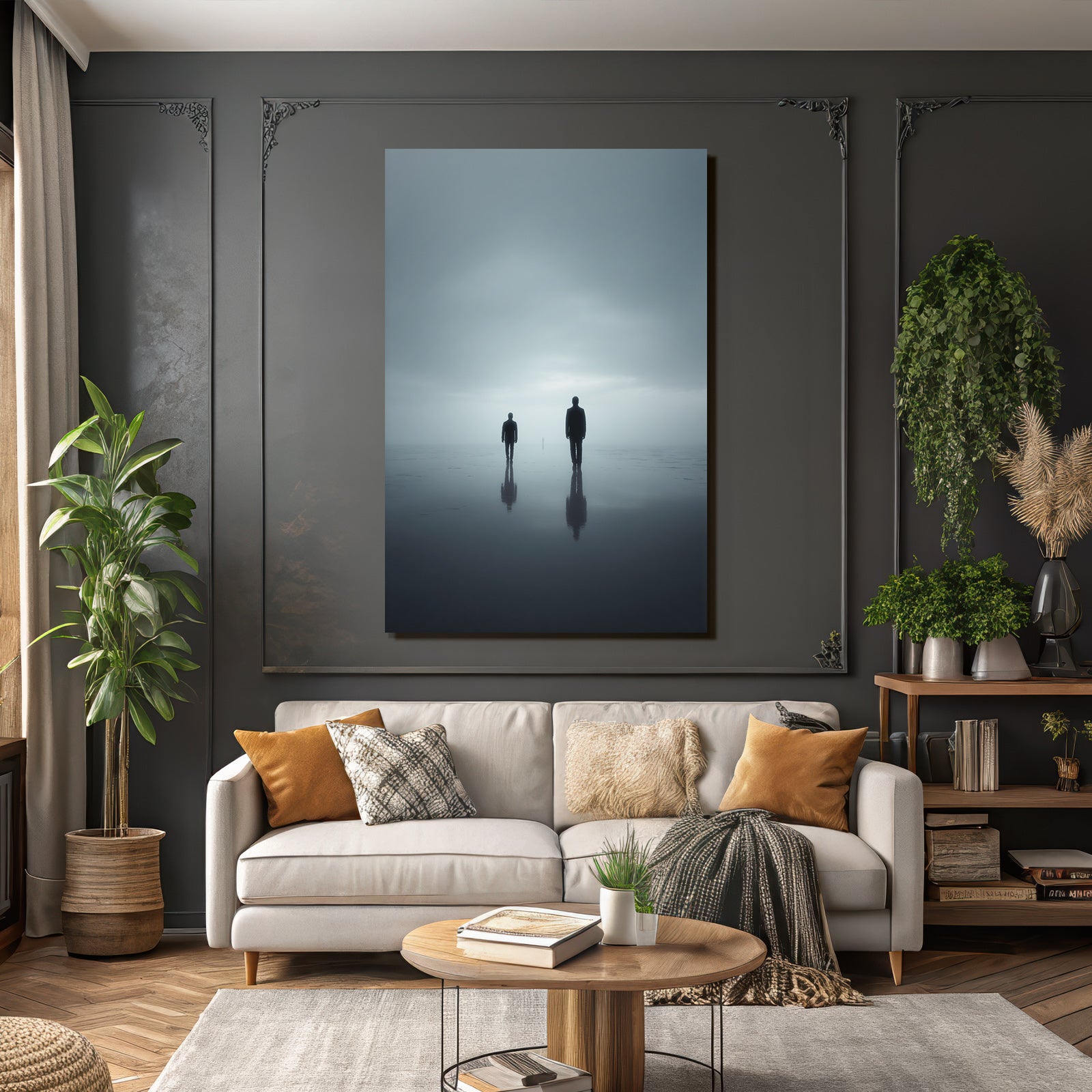 Surrealistische Szene Mit Drei Figuren Im Nebligen Landschaft