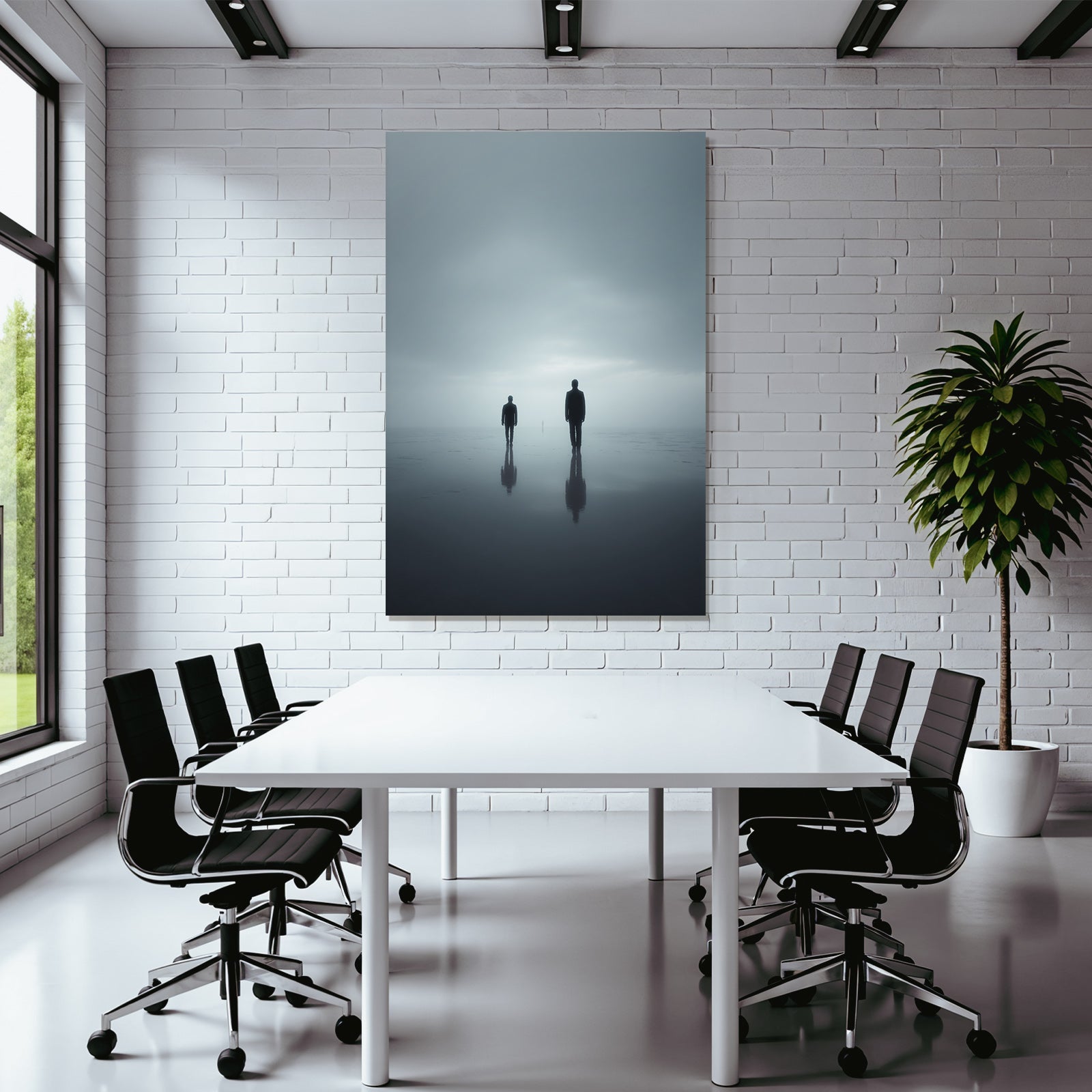 Surrealistische Szene Mit Drei Figuren Im Nebligen Landschaft