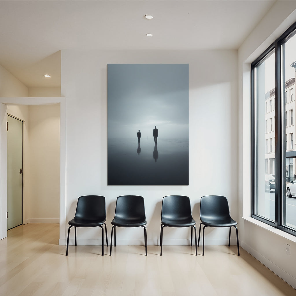 Surrealistische Szene Mit Drei Figuren Im Nebligen Landschaft