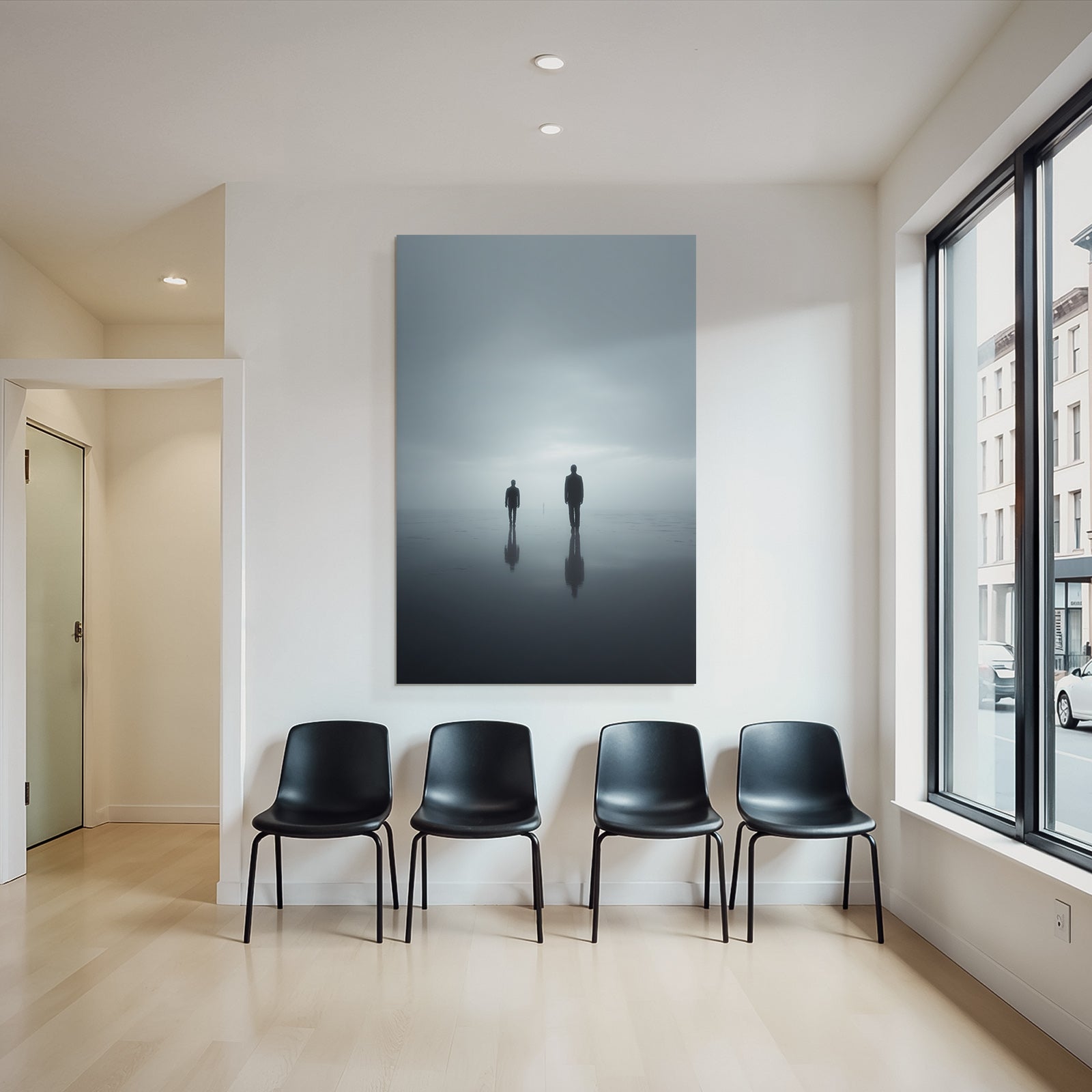 Surrealistische Szene Mit Drei Figuren Im Nebligen Landschaft
