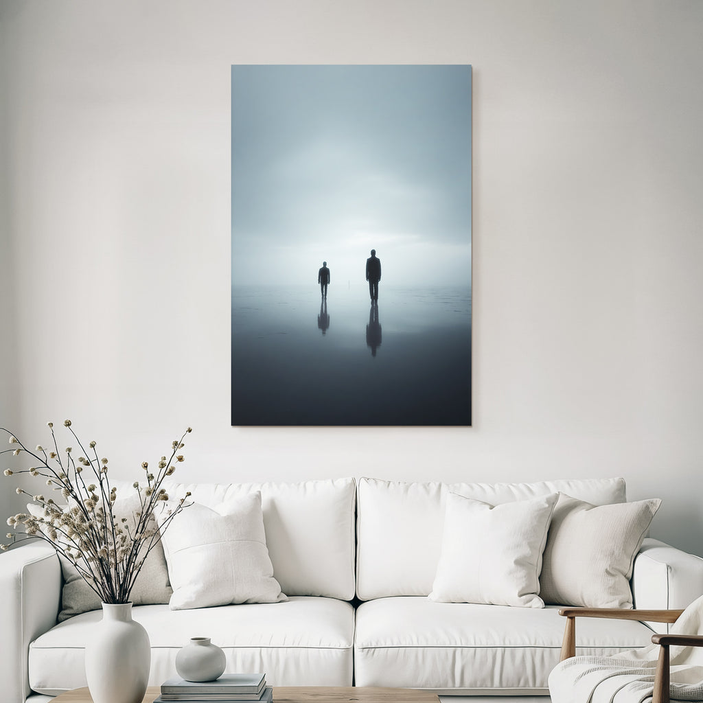 Surrealistische Szene Mit Drei Figuren Im Nebligen Landschaft