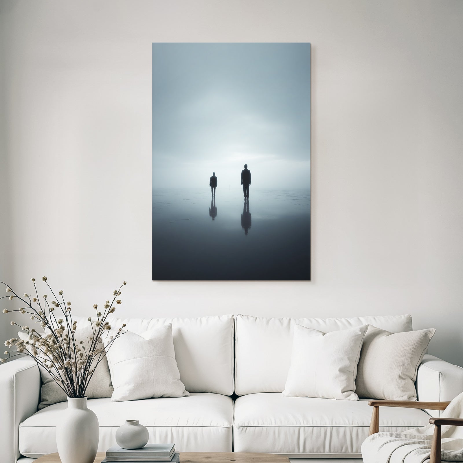 Surrealistische Szene Mit Drei Figuren Im Nebligen Landschaft