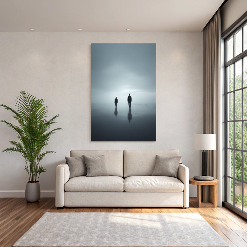 Surrealistische Szene Mit Drei Figuren Im Nebligen Landschaft