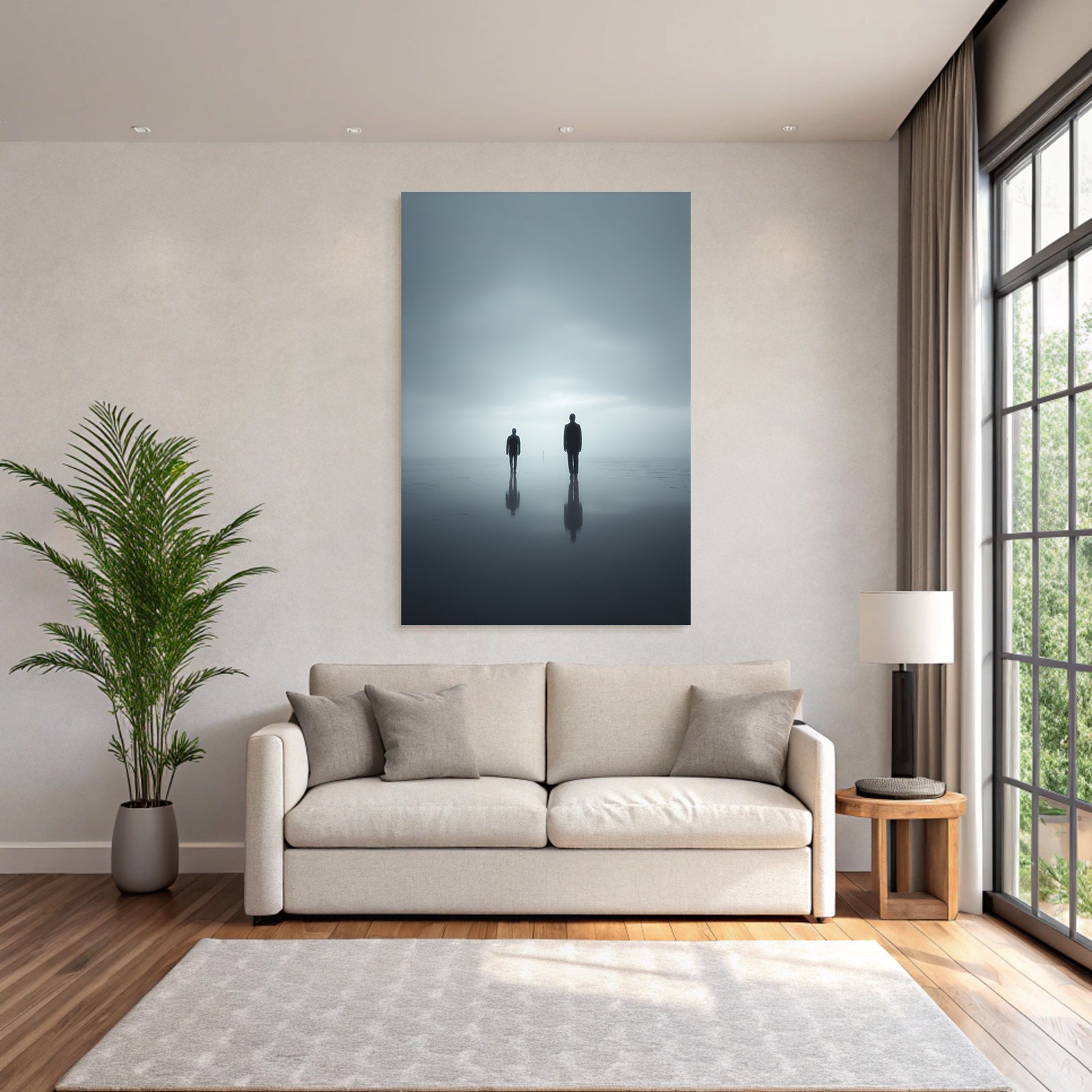 Surrealistische Szene Mit Drei Figuren Im Nebligen Landschaft