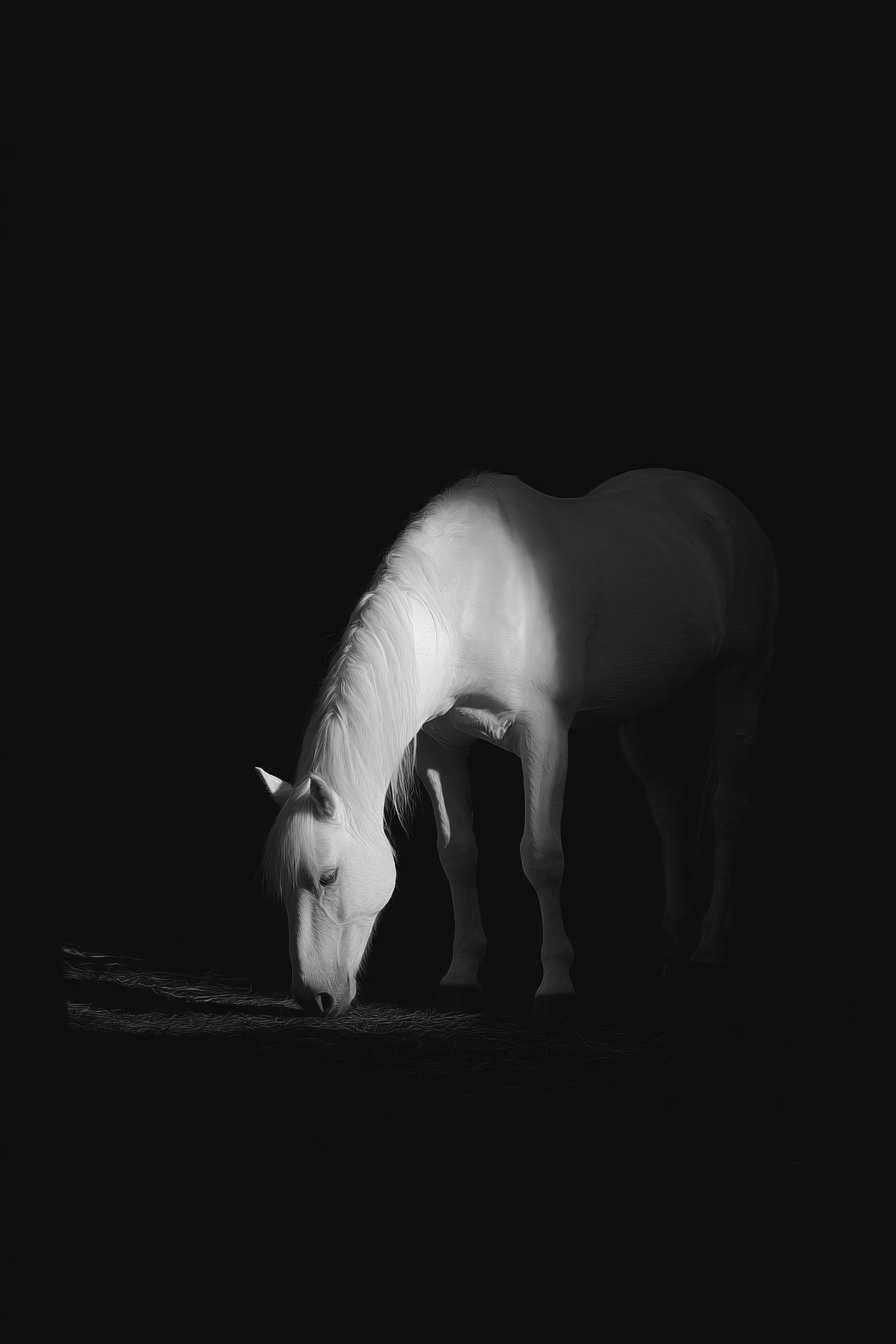 Weisses Pferd Gegen Dunklem Hintergrund | Fotografie | Kunstgattungen