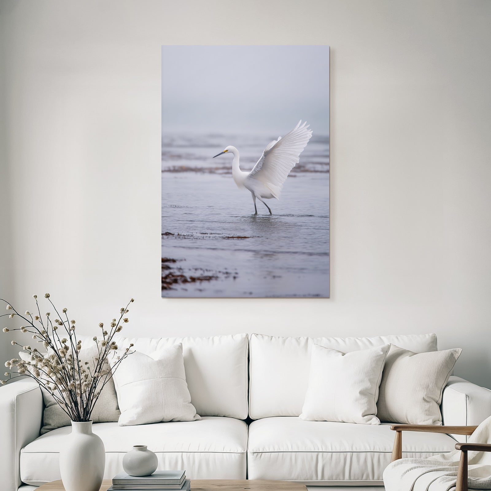 Weisses Vogel Im Seichtem Wasser Egret Mistige Atmosphaere