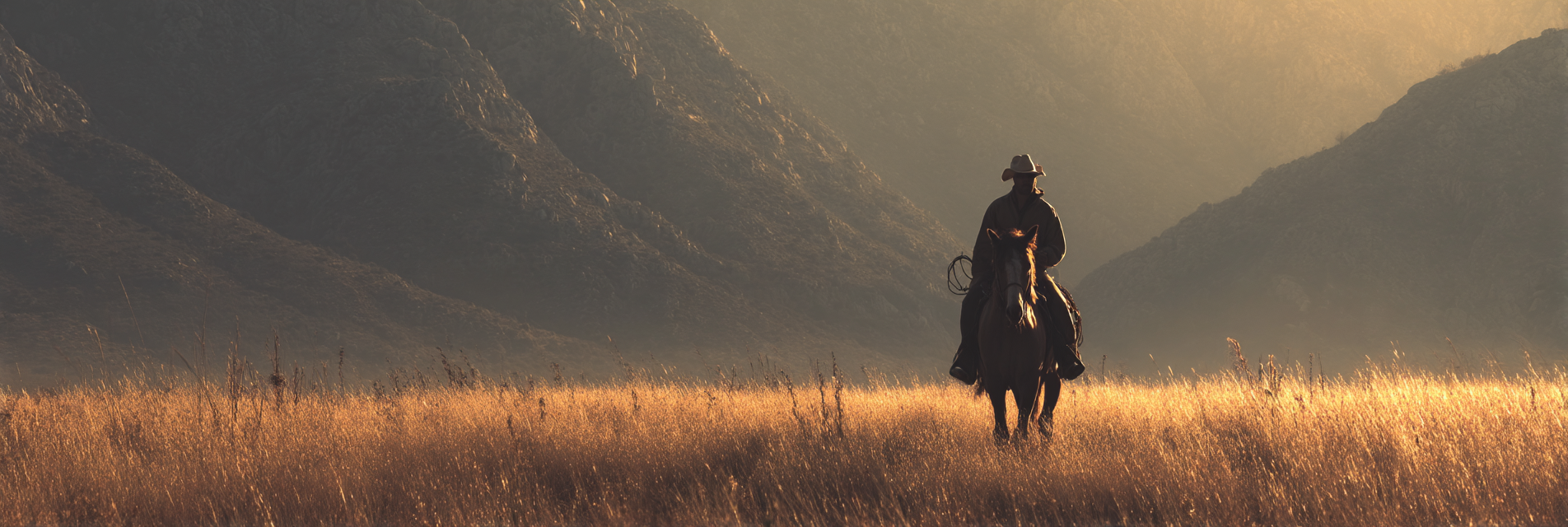 Einsamer Reiter Auf Pferd Vor Bergen Bei Goldener Stunde | Fotografie | Kunstgattungen