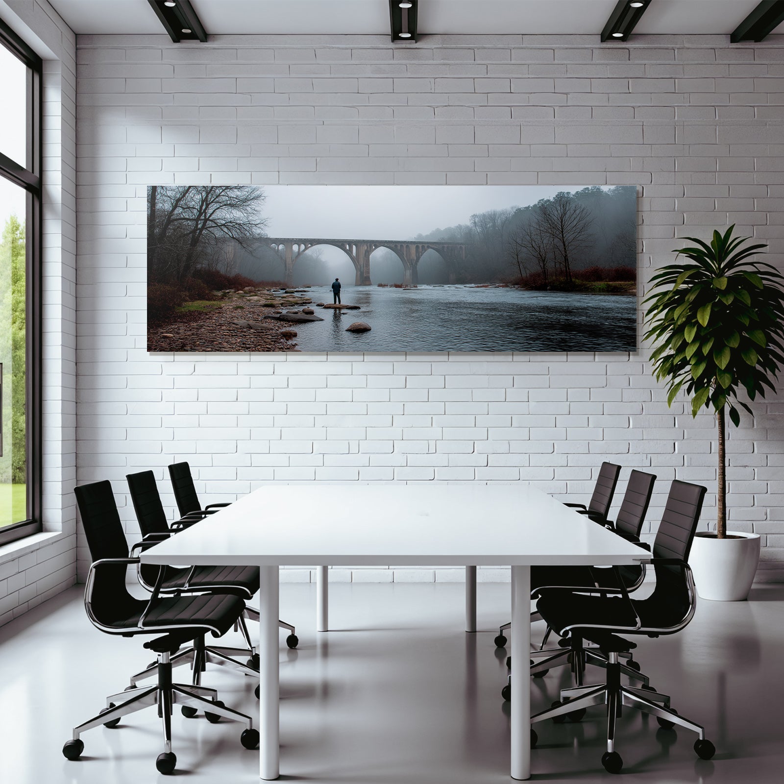 Friedliche Landschaft Person Im Waßer Brücke Im Nebel Und Bäumen