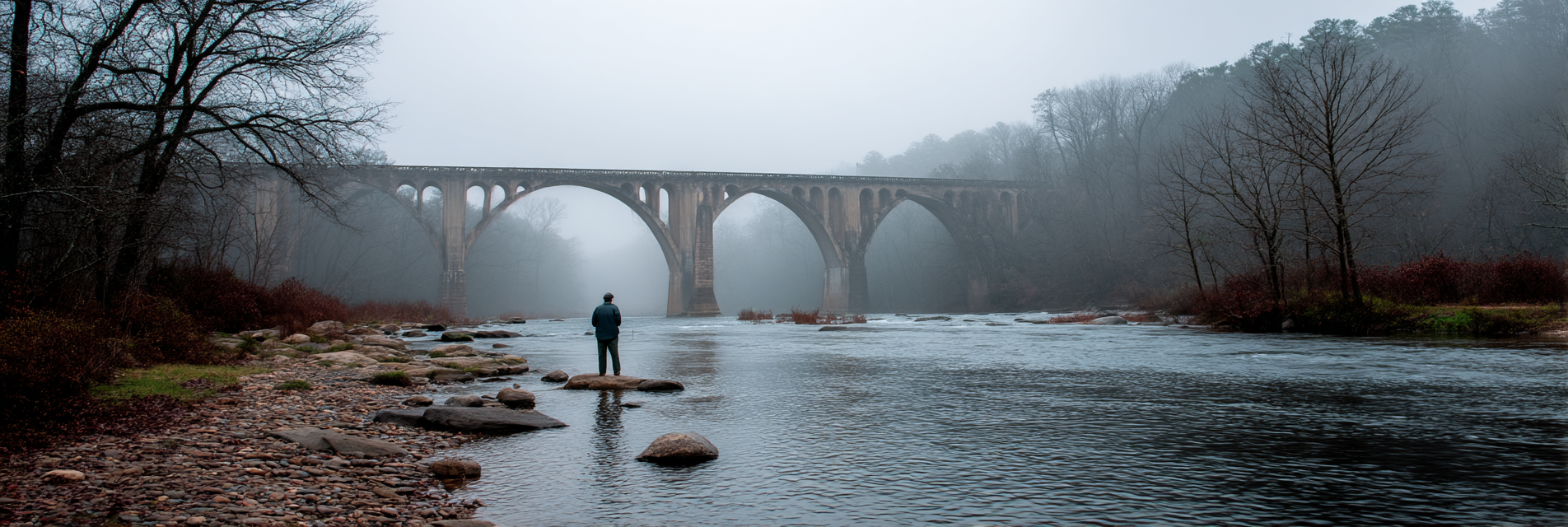Friedliche Landschaft Person Im Waßer Brücke Im Nebel Und Bäumen | Fotografie | Kunstgattungen