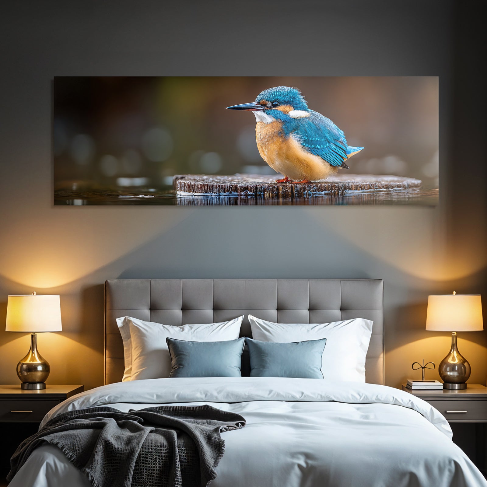 Kingfisher Auf Holzstamm Umgeben Von Waßer Lebendige Farben Unscharfer Hintergrund