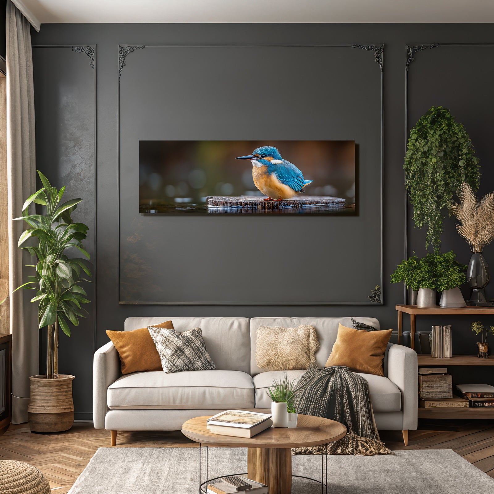 Kingfisher Auf Holzstamm Umgeben Von Waßer Lebendige Farben Unscharfer Hintergrund