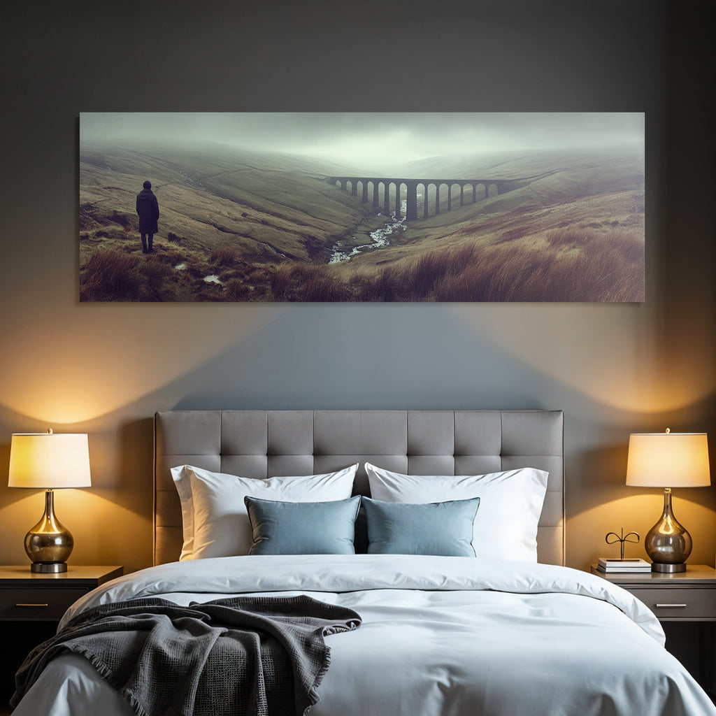 Landscape Panoramalandschaft Mit Viadukt Und Fluß Im Nebel