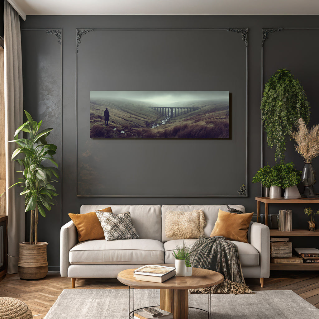 Landscape Panoramalandschaft Mit Viadukt Und Fluß Im Nebel
