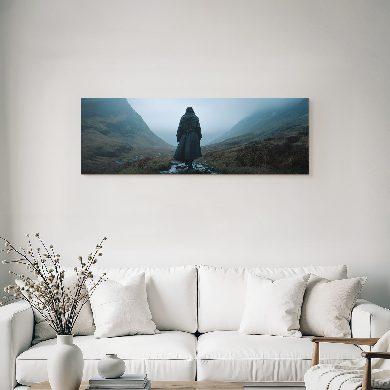 Landscape Wanderer Im Tal Umgeben Von Bergen In Nebel