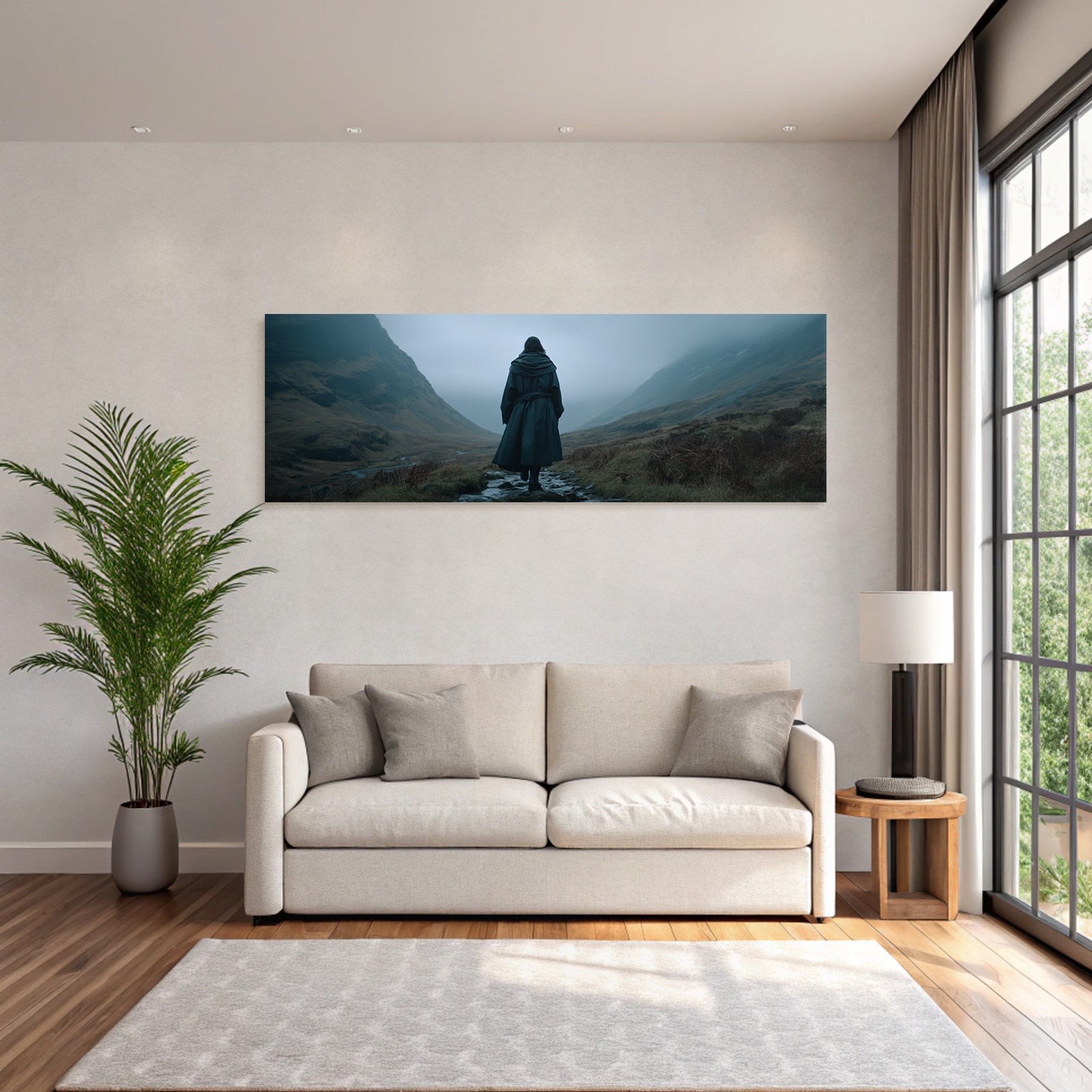 Landscape Wanderer Im Tal Umgeben Von Bergen In Nebel