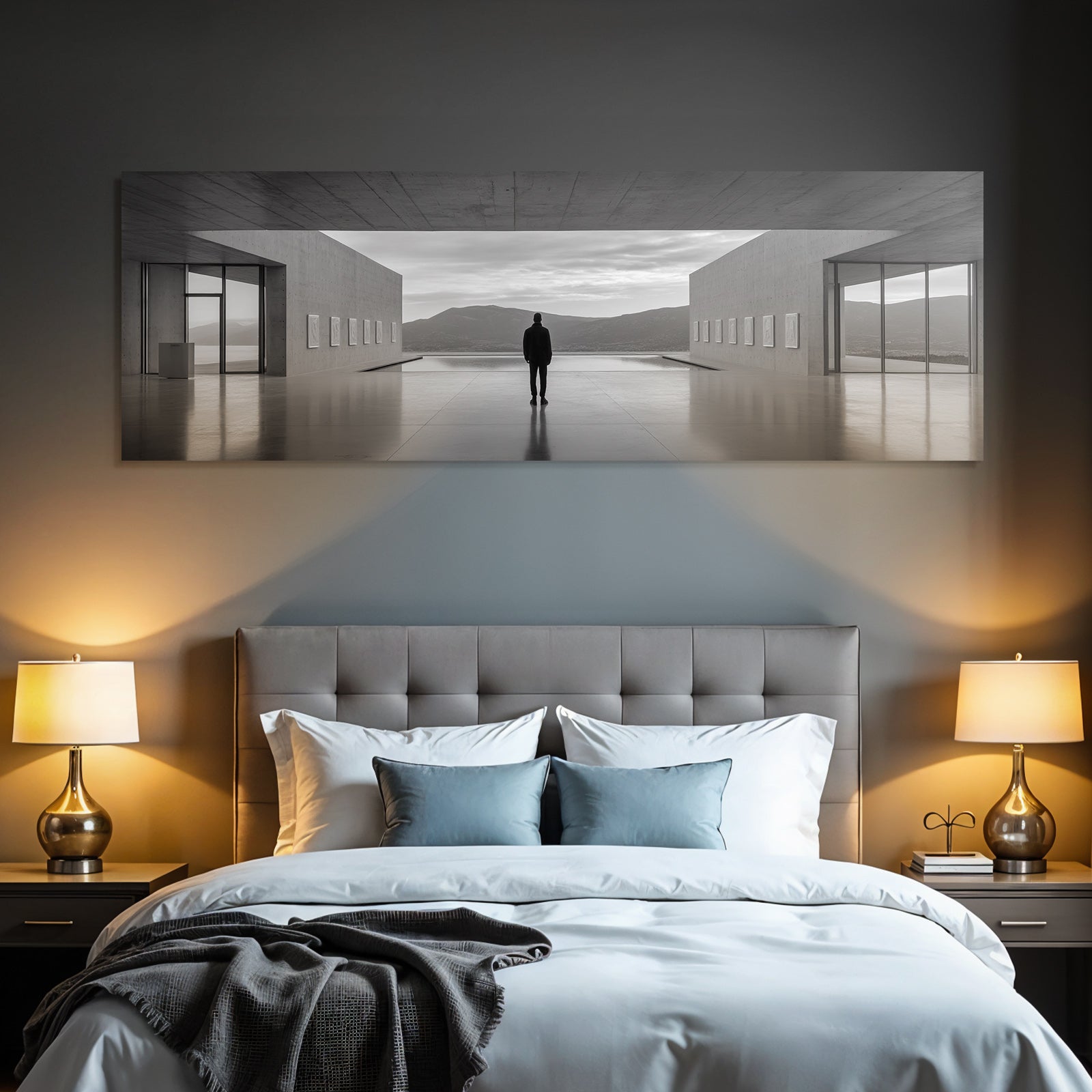 Minimalistische Architektur Mit Person Und Ausblick Auf Berge Und Wasser
