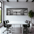 Minimalistische Architektur Mit Person Und Ausblick Auf Berge Und Wasser