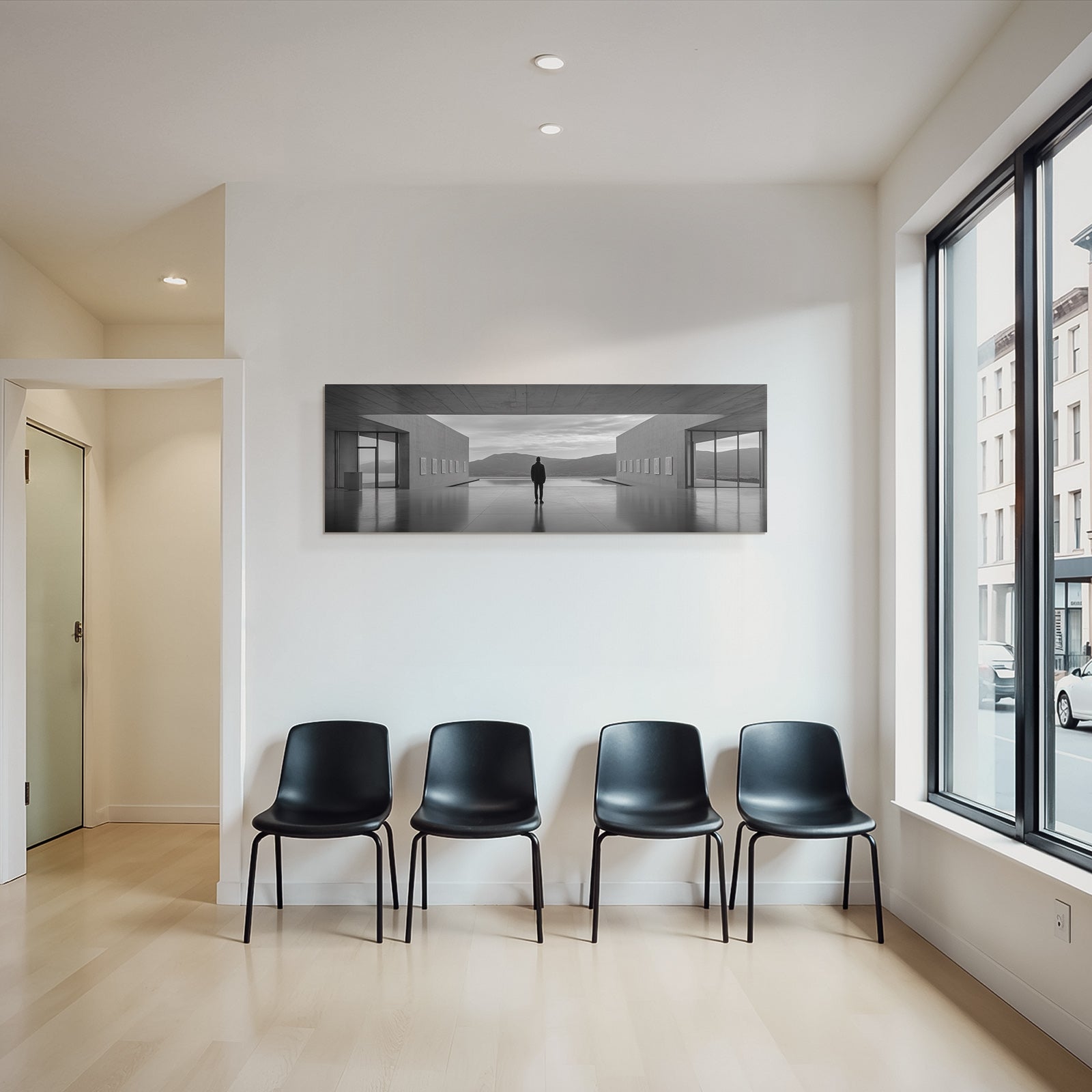 Minimalistische Architektur Mit Person Und Ausblick Auf Berge Und Wasser