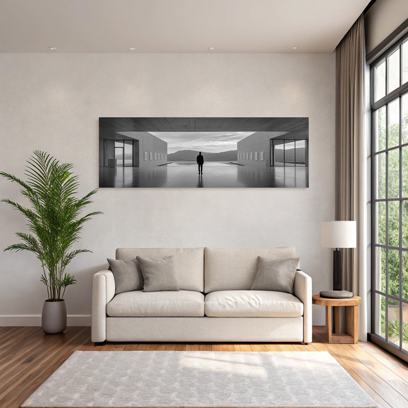 Minimalistische Architektur Mit Person Und Ausblick Auf Berge Und Wasser