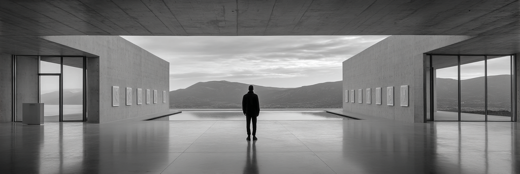 Minimalistische Architektur Mit Person Und Ausblick Auf Berge Und Wasser | Fotografie | Kunstgattungen