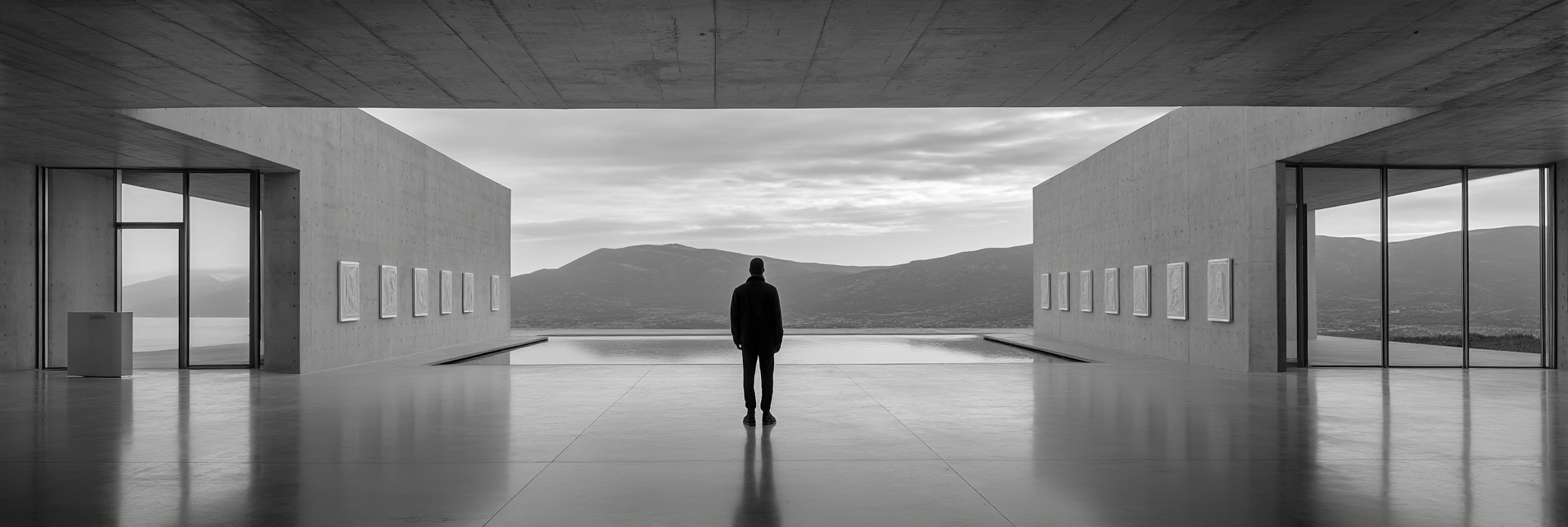 Minimalistische Architektur Mit Person Und Ausblick Auf Berge Und Wasser | Fotografie | Kunstgattungen