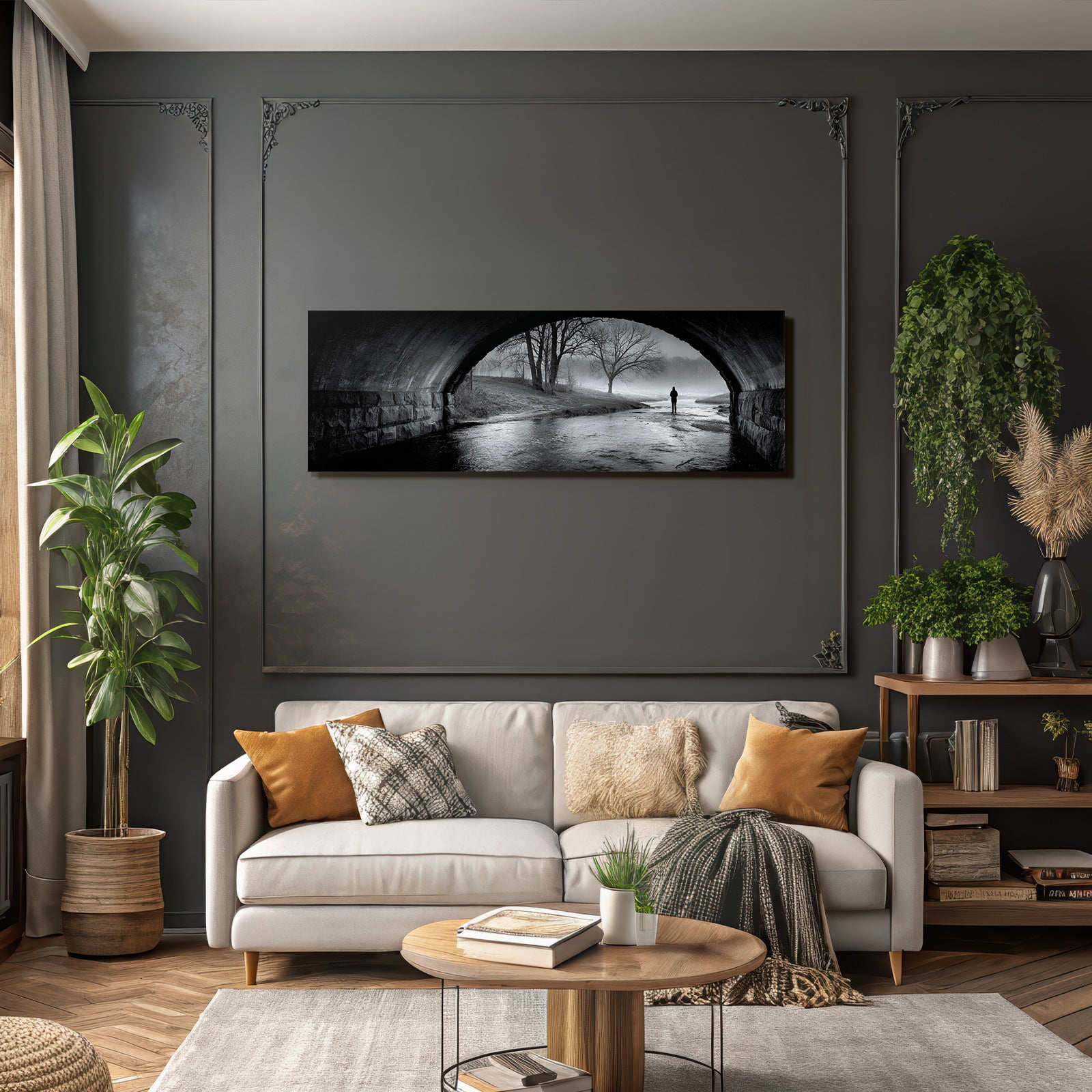 Minimalistische Szene Person Unter Brücke Neblige Landschaft