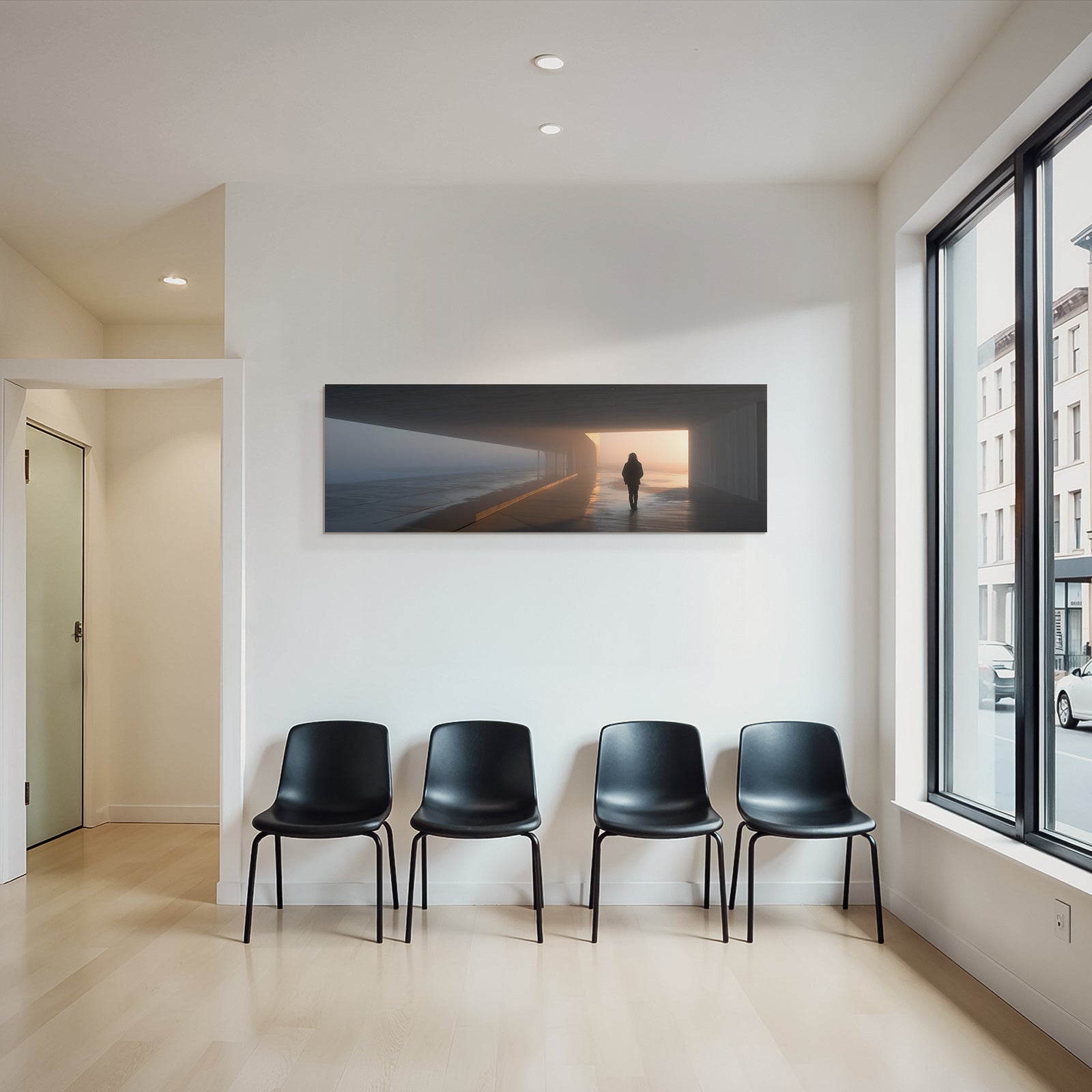 Moderne Architektur Mit Figur In Nebliger Atmosphäre