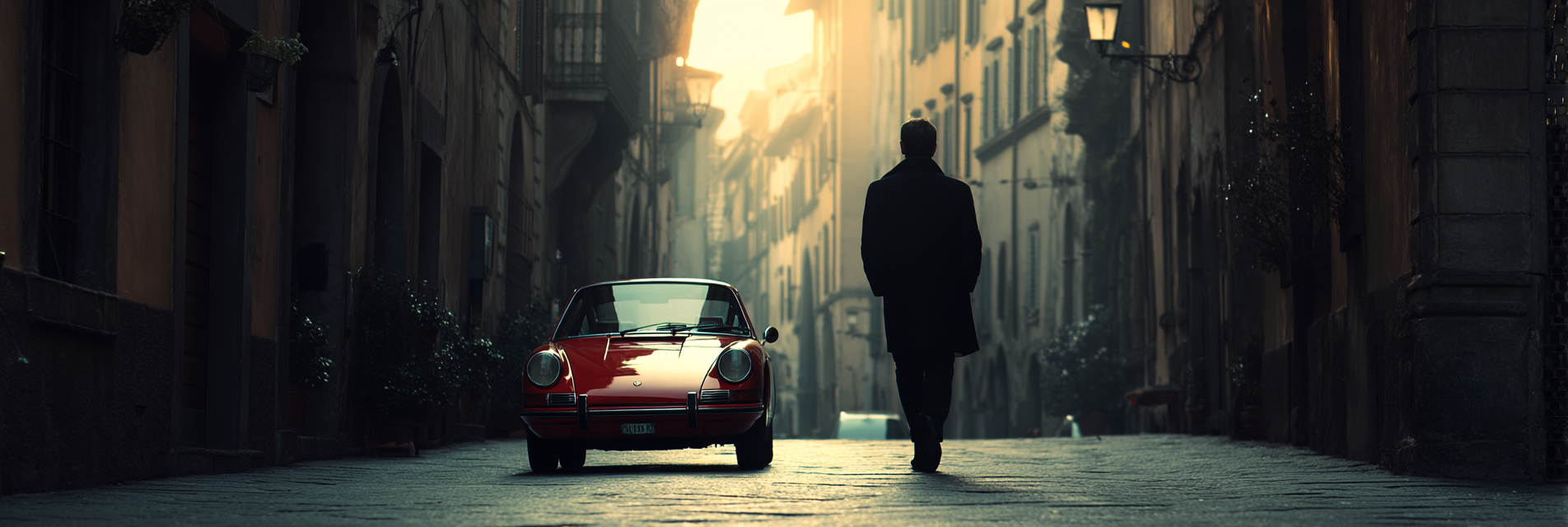 Narrow Street Scene Old Town Morning Dusk Vintage Car Gehen Person Coat | Fotografie | Kunstgattungen