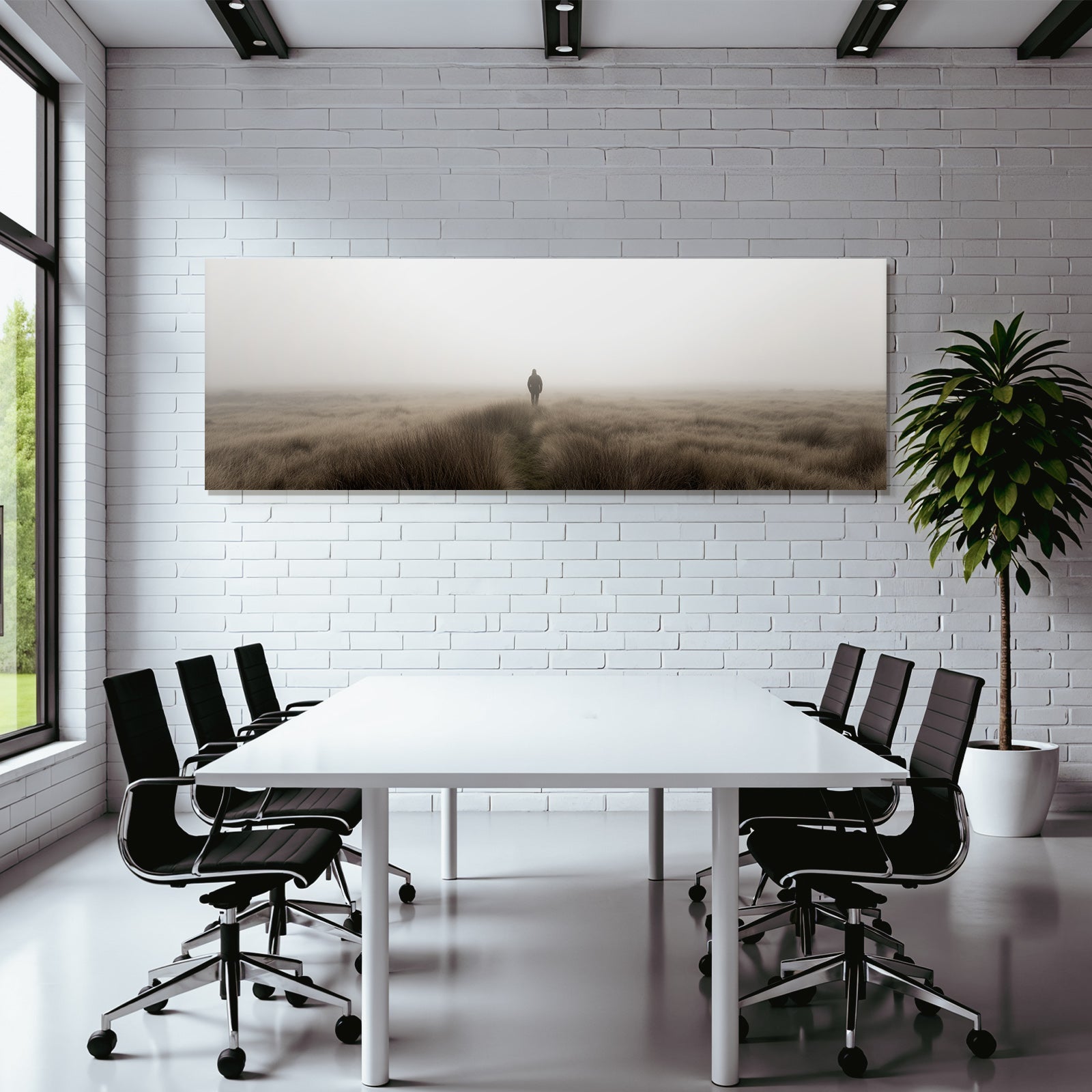 Nebelige Landschaft Person Im Hohen Gras