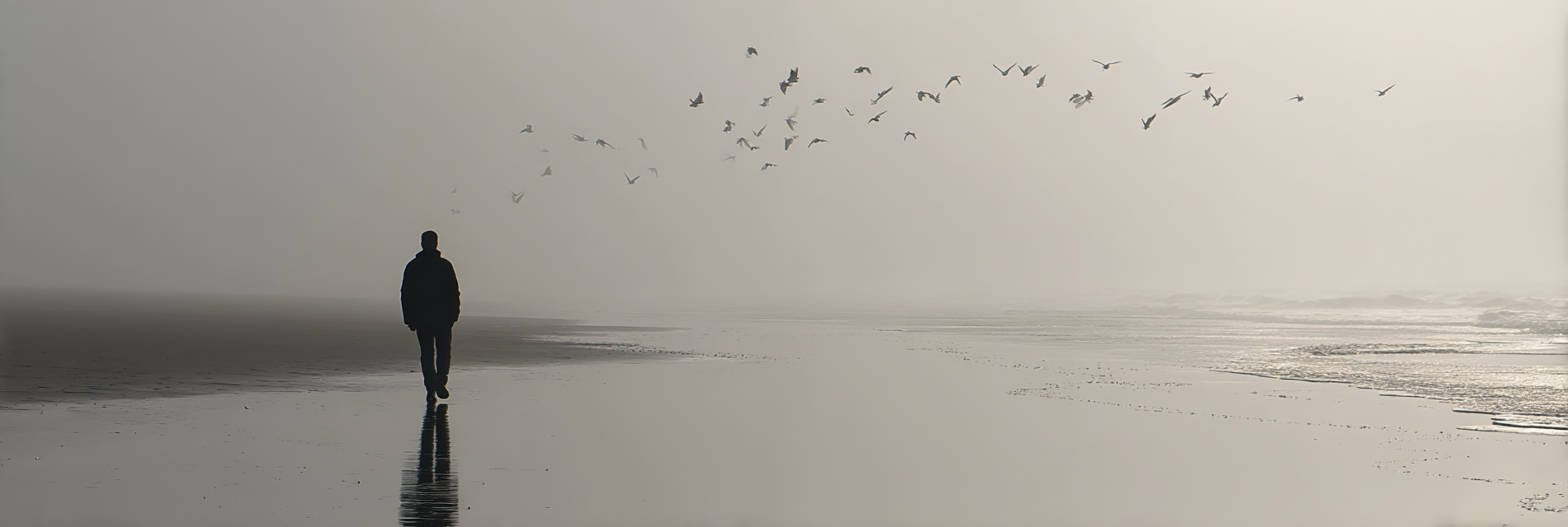 Person Am Strand Mit Voegeln Im Nebel | Fotografie | Kunstgattungen