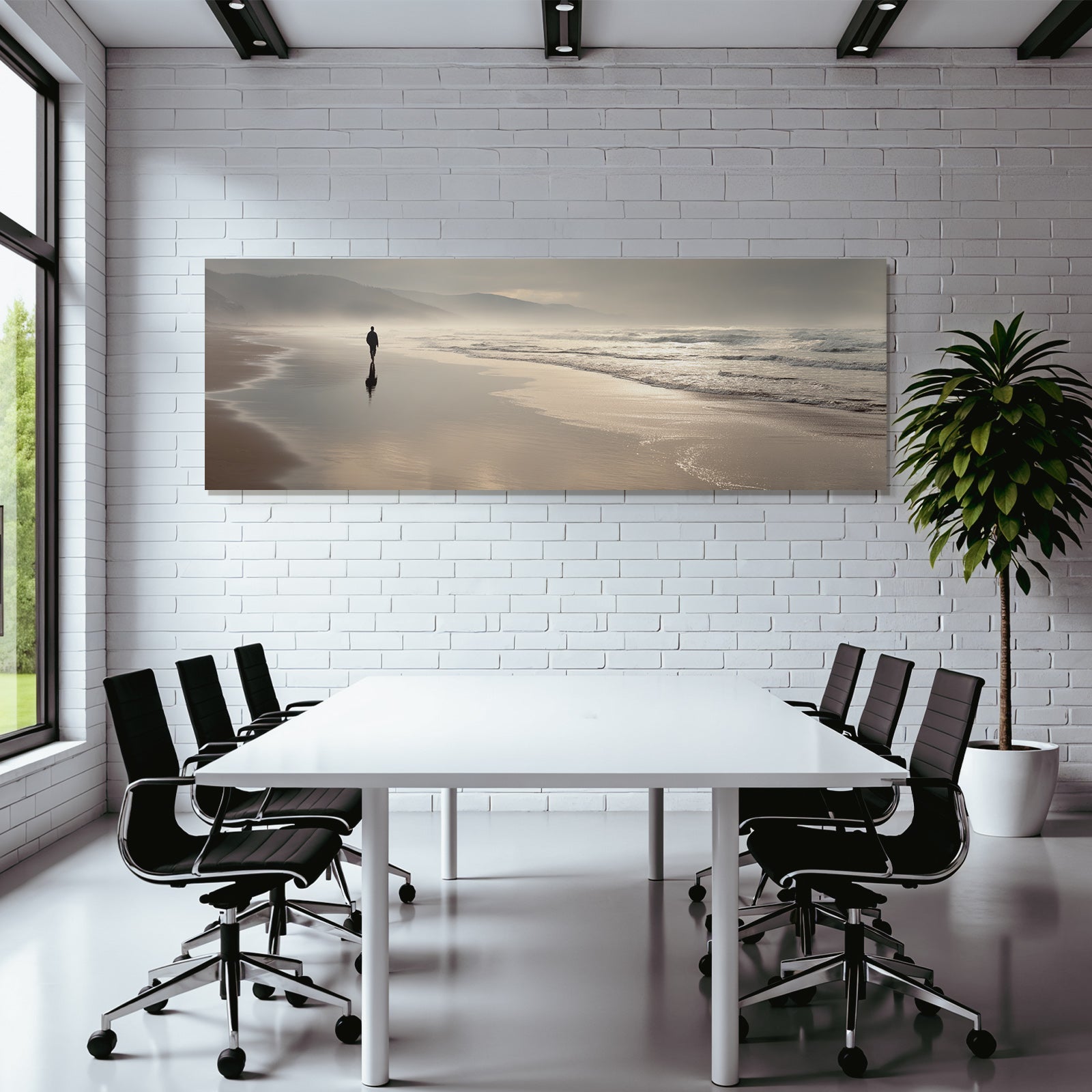 Person Am Strand Mit Wellen Und Nebel