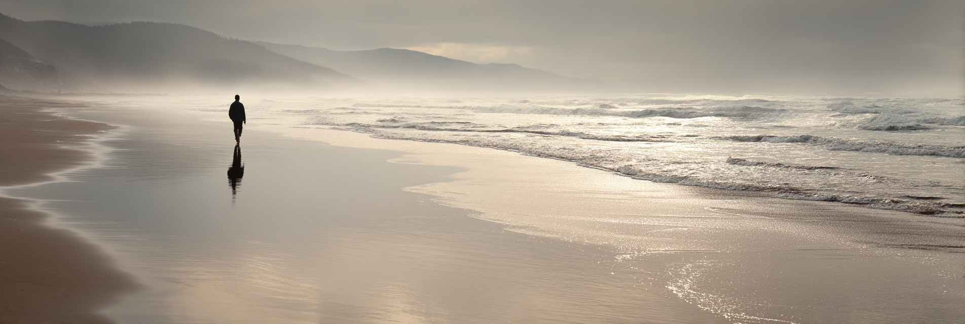 Person Am Strand Mit Wellen Und Nebel | Fotografie | Kunstgattungen