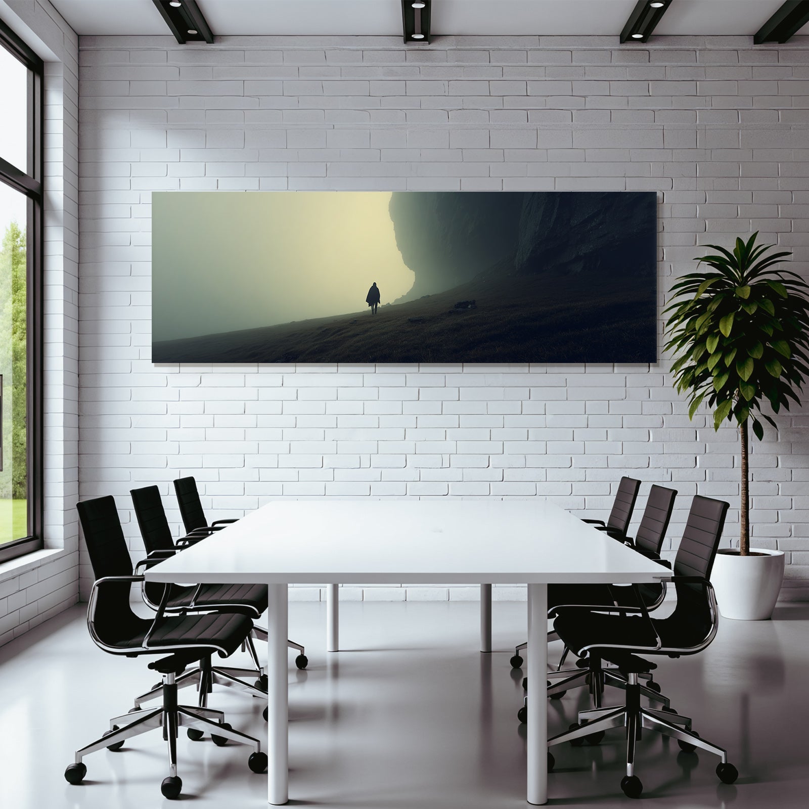 Person Geht Durch Neblige Landschaft Dramatische Klippe